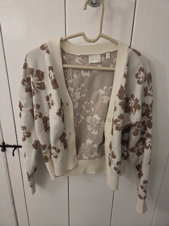 Cyrus Sweaters - Cyrus Cream Cardigan with Brown Floral Motif